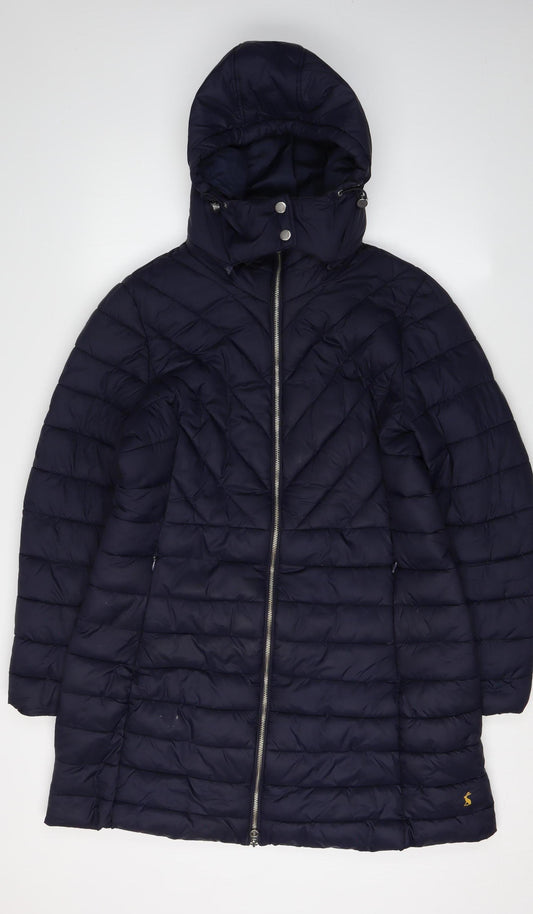 Joules Women's Blue Long Puffer Jacket, Size 16, Hooded