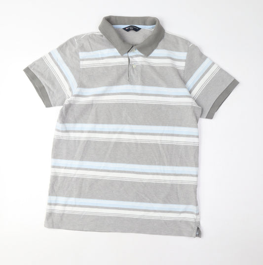 Marks and Spencer Men's Grey Striped Medium Polo