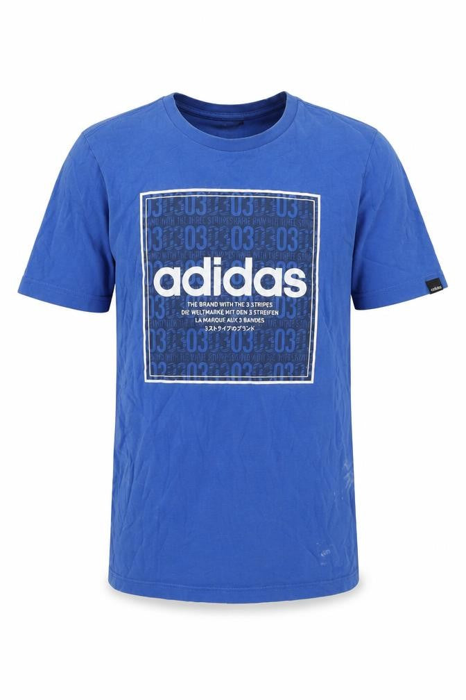 Front view of Adidas boys’ blue graphic t-shirt medium casual logo