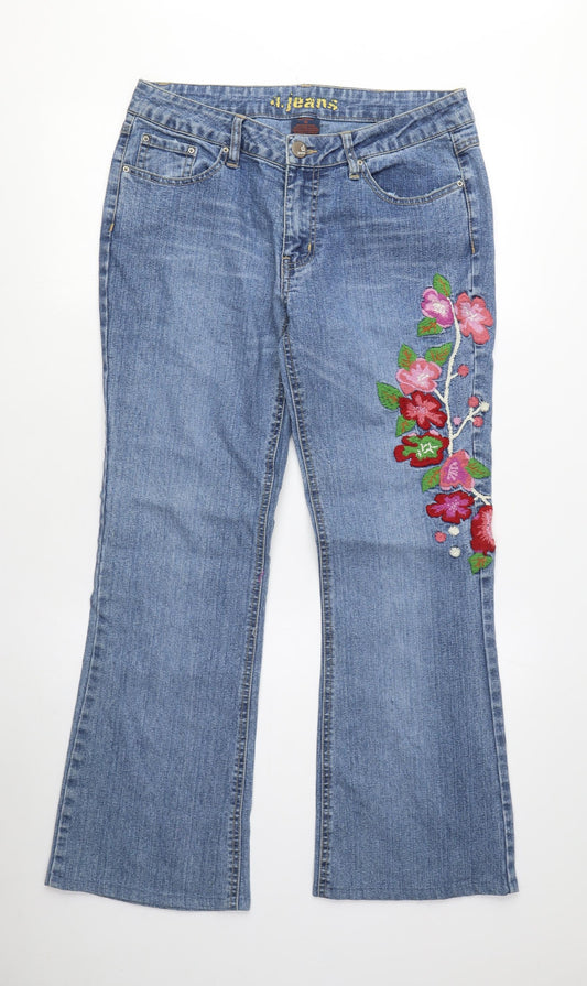 Blue Embroidered Flared Jeans by i jeans, Size 14