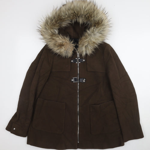 Zara Women’s Brown Parka Jacket with Fur Trim - Size S