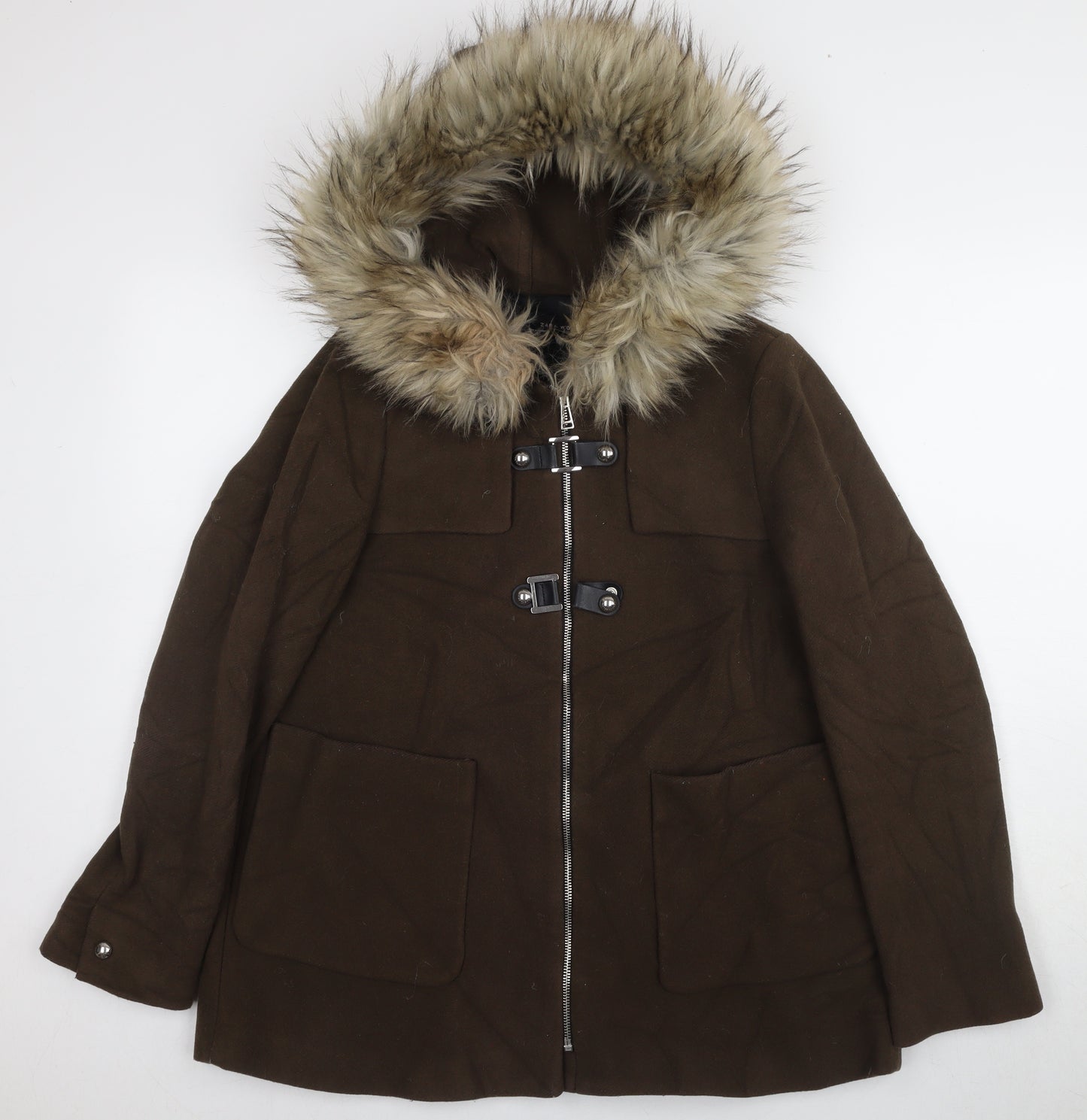 Zara Women’s Brown Parka Jacket with Fur Trim - Size S