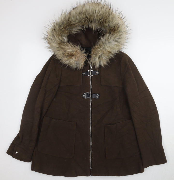 Zara Women’s Brown Parka Jacket with Fur Trim - Size S