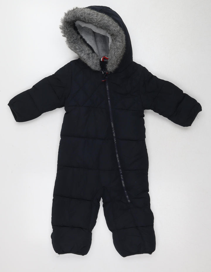 Next Unisex Black Puffer Snowsuit 9-12 Months Hooded