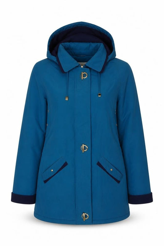 Front view of EWM Women's Blue Parka Jacket, size 12, Hooded, Button Accents