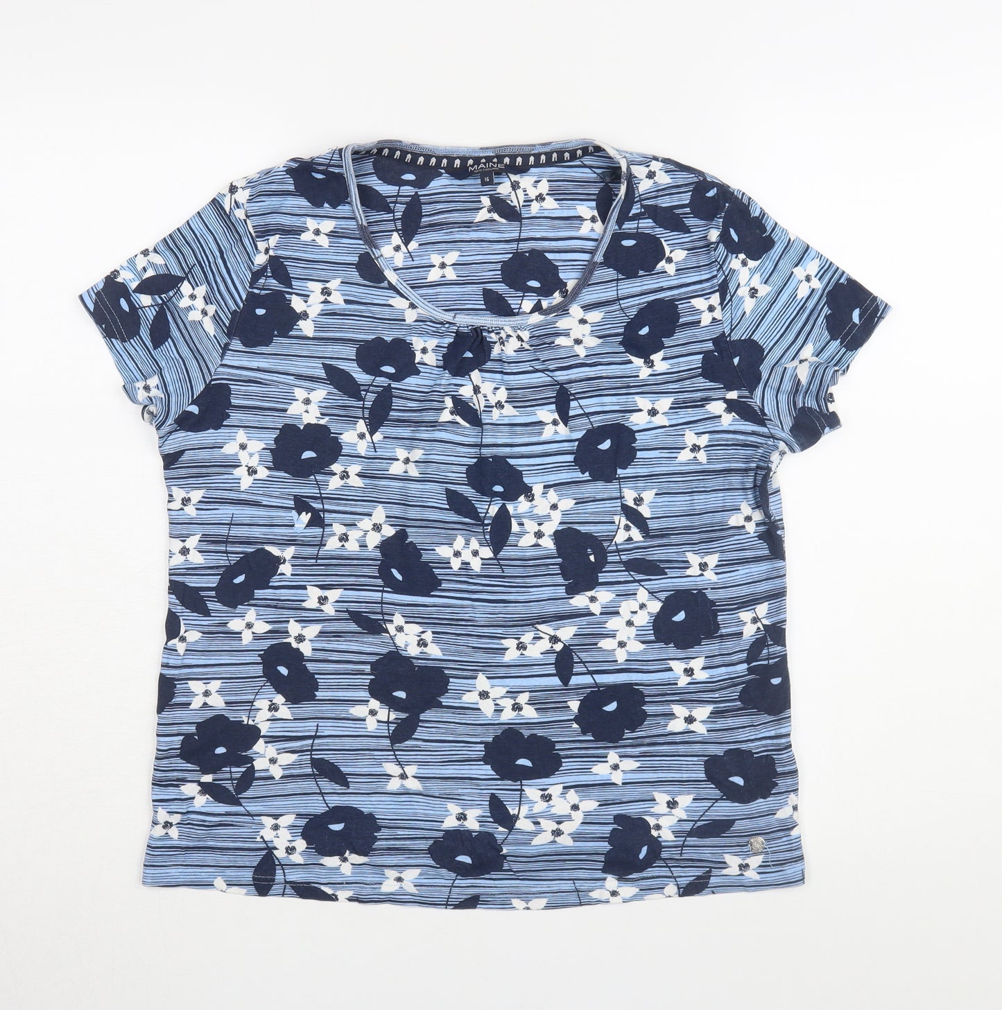 Maine Women's Blue Floral Jersey T-Shirt Size 16