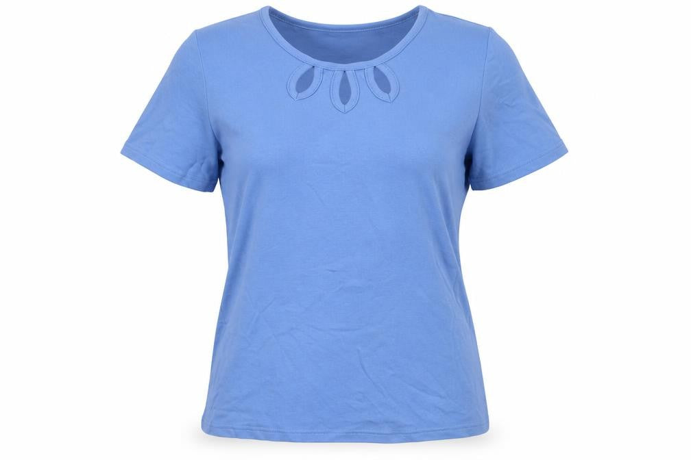 Front view of EWM Women's Blue Cotton Basic T-Shirt, size S
