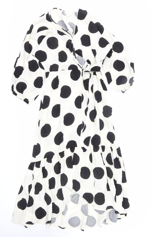 H&M Women's White Polka Dot Midi Dress Size 12