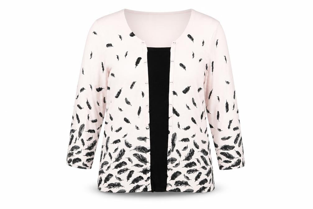 Front view of M&Co Women's Pink Feather Cardigan, size 16