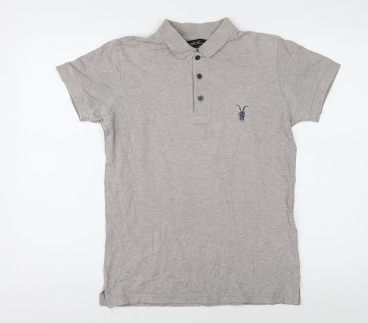 AllSaints Men's Grey Polo Shirt Medium Cotton Casual