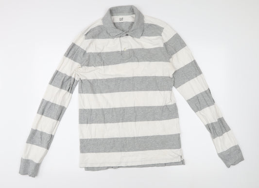 Gap Men's Grey Striped Long Sleeve Polo M