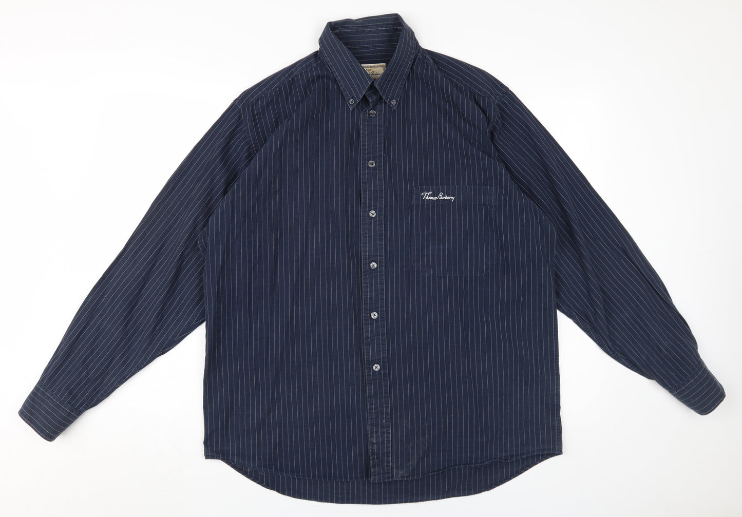 Thomas Burberry Men's Navy Striped XL Button-Up Shirt