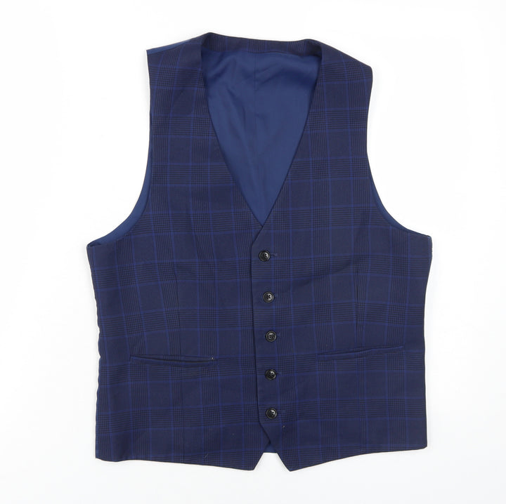 Moss London Men's Blue Checked Slim Fit Waistcoat 38R