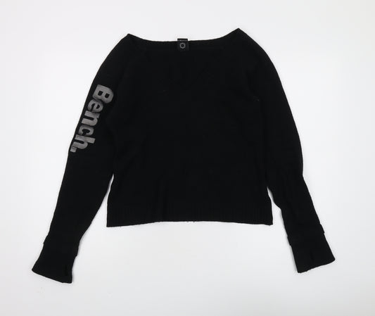 Bench Women's Black V-Neck Jumper - L, Logo Accent