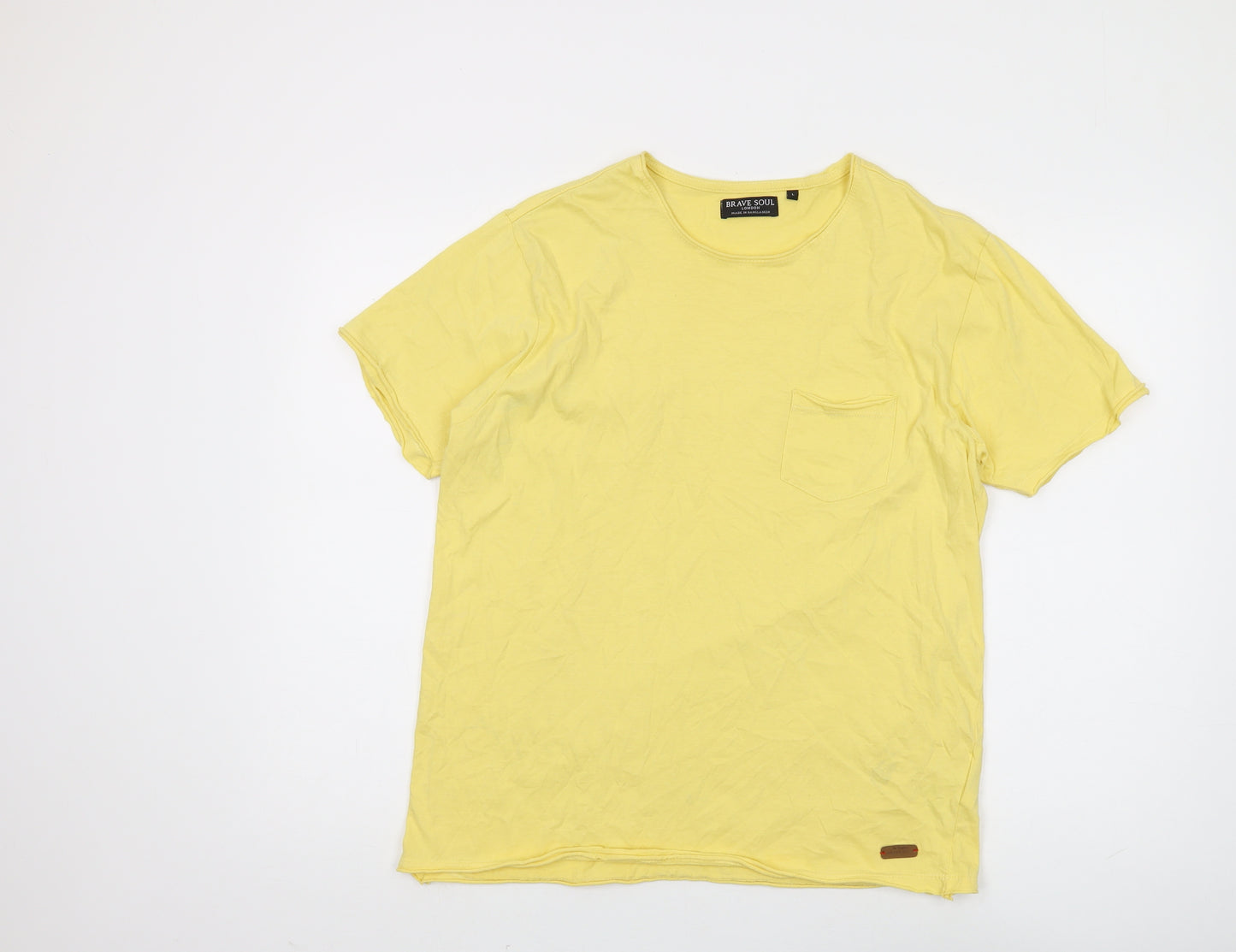 Brave Soul Men's Yellow Cotton T-Shirt, Size L