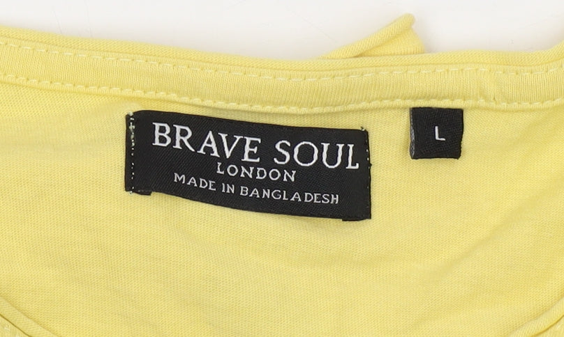 Brave Soul Men's Yellow Cotton T-Shirt, Size L