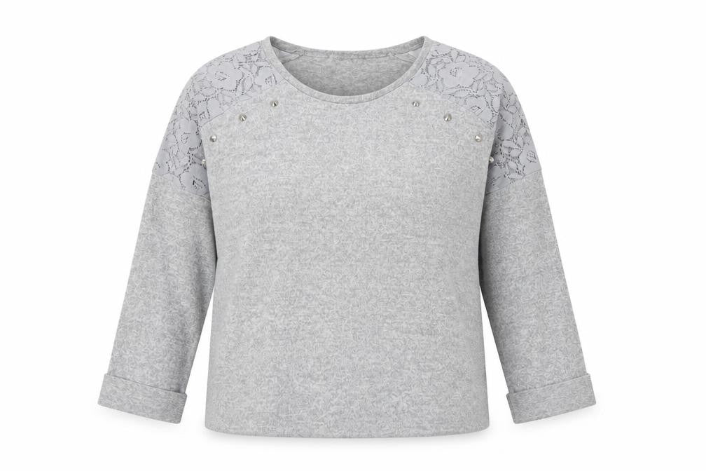 Front view of New Look Grey Jersey Blouse Women, size 10, Studded Accent