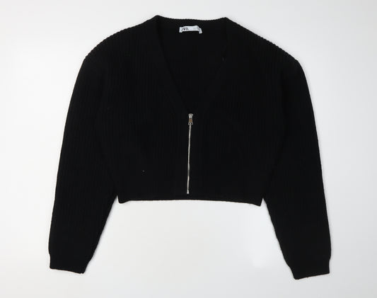 Zara Women's Black V-Neck Cardigan L Zip Knit