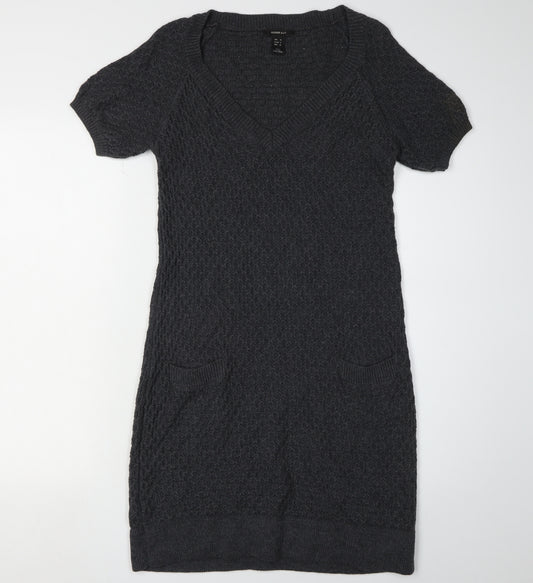 Mango Women Grey Jumper Dress Size 12 Knit V-Neck