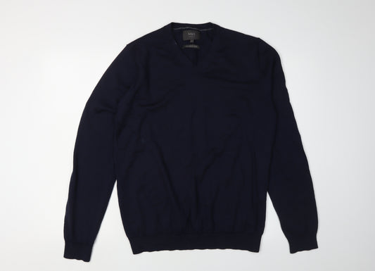 Marks and Spencer Men's Blue Wool Pullover L V-Neck Jumper