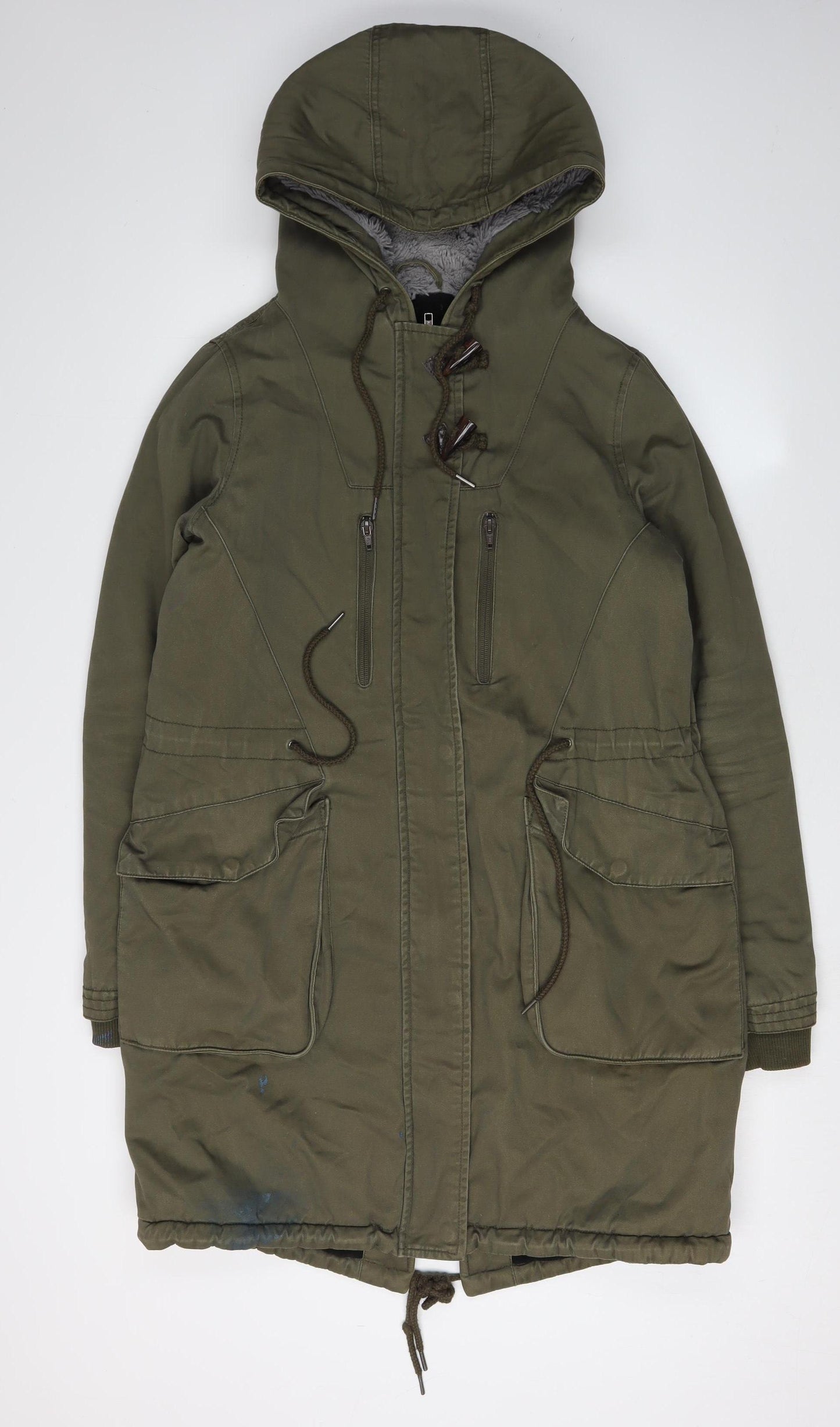 DC Women's Green Parka, Size M, Hooded Mid-Length Jacket