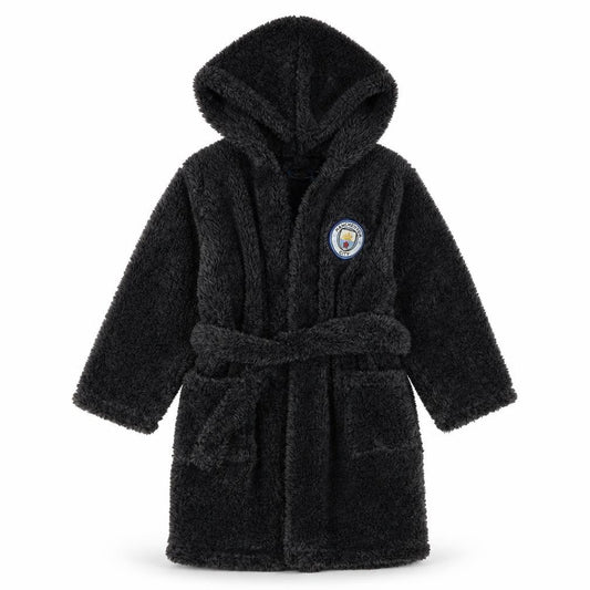 Front view of Manchester City boys’ black robe, hooded 4-5y polyester