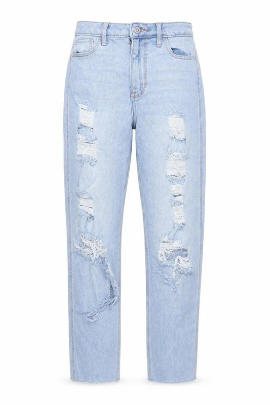 Front view of Hollister women’s distressed blue straight jeans, size UK 24