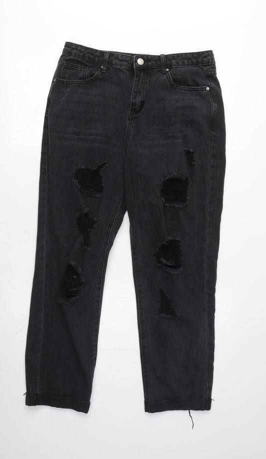 Quiz Women Black Boyfriend Jeans Size 12 Relaxed Distressed