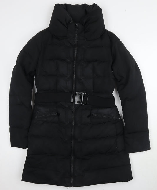 Zara Women Black Puffer Jacket M Classic Winter Belted