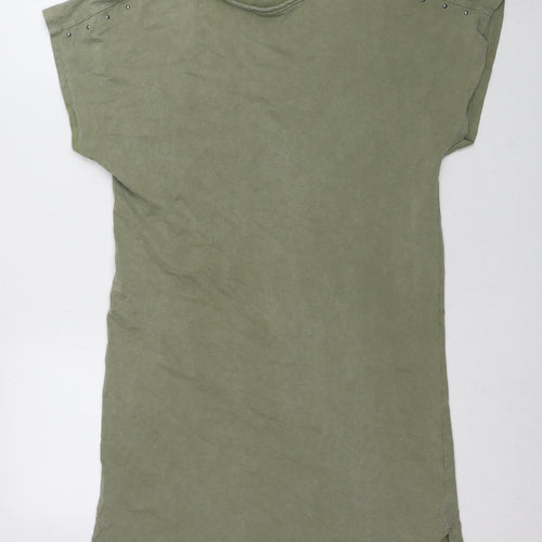 Bershka Women Green S Basic Crew Neck Studded Tee
