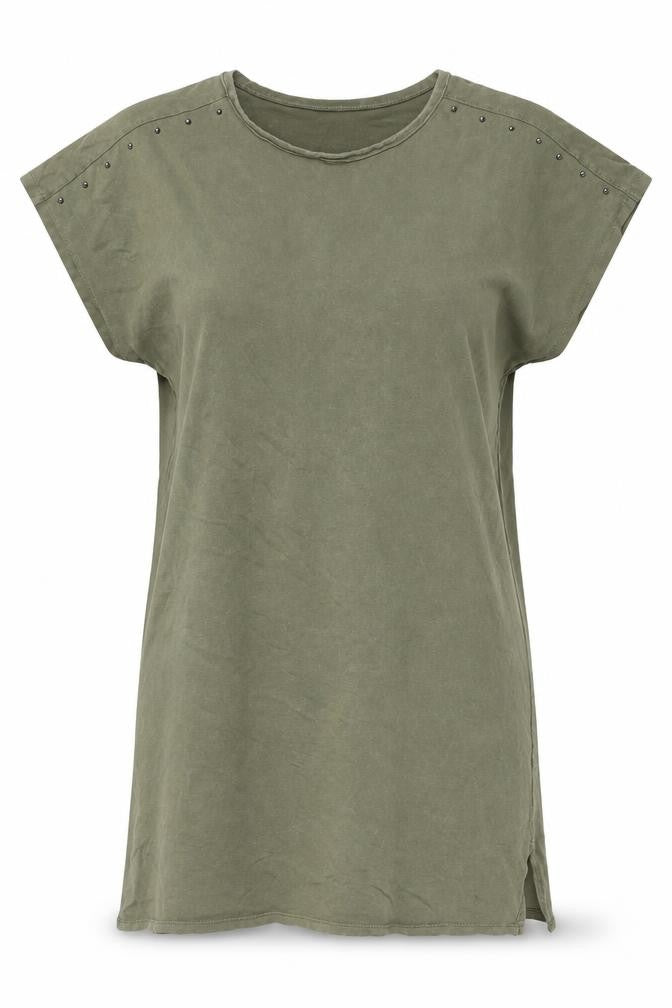 Front view of Bershka Women Green S Basic Crew Neck Studded Tee