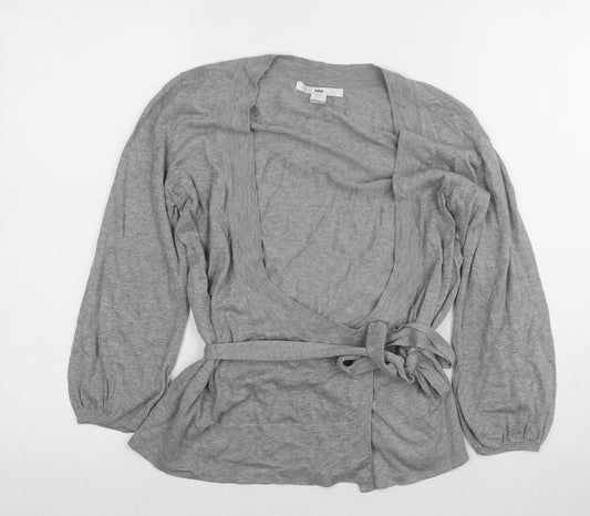 H&M Women's Grey V-Neck Belted Cardigan Size 8