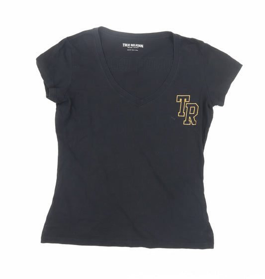 True Religion Women's Black T-Shirt M V-Neck Casual