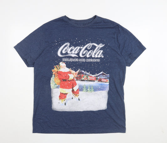 Coca-Cola Men's Blue Christmas T-Shirt L