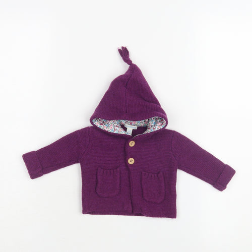 JoJo Maman Bébé Unisex Purple Cardigan 0-3M Hooded Knit