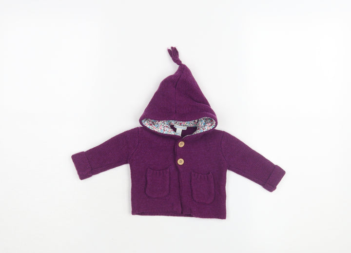 JoJo Maman Bébé Unisex Purple Cardigan 0-3M Hooded Knit