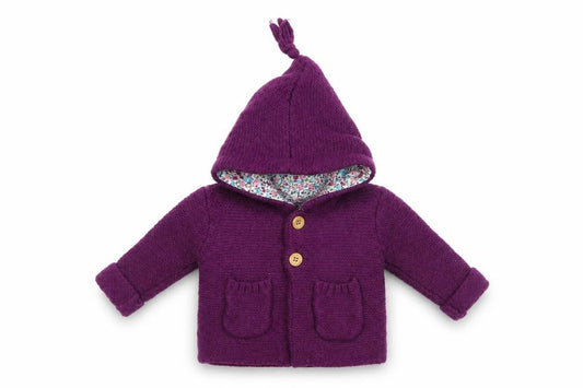 Front view of JoJo Maman Bébé unisex purple cardigan 0-3m hooded knit