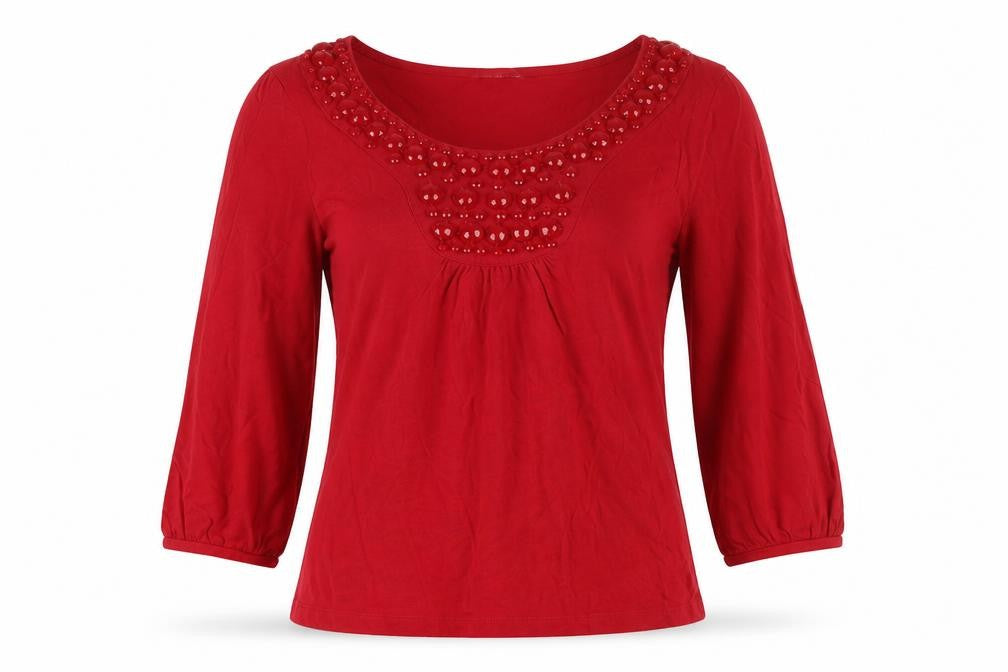 Front view of Red Herring Women's Red Beaded Blouse, size 10
