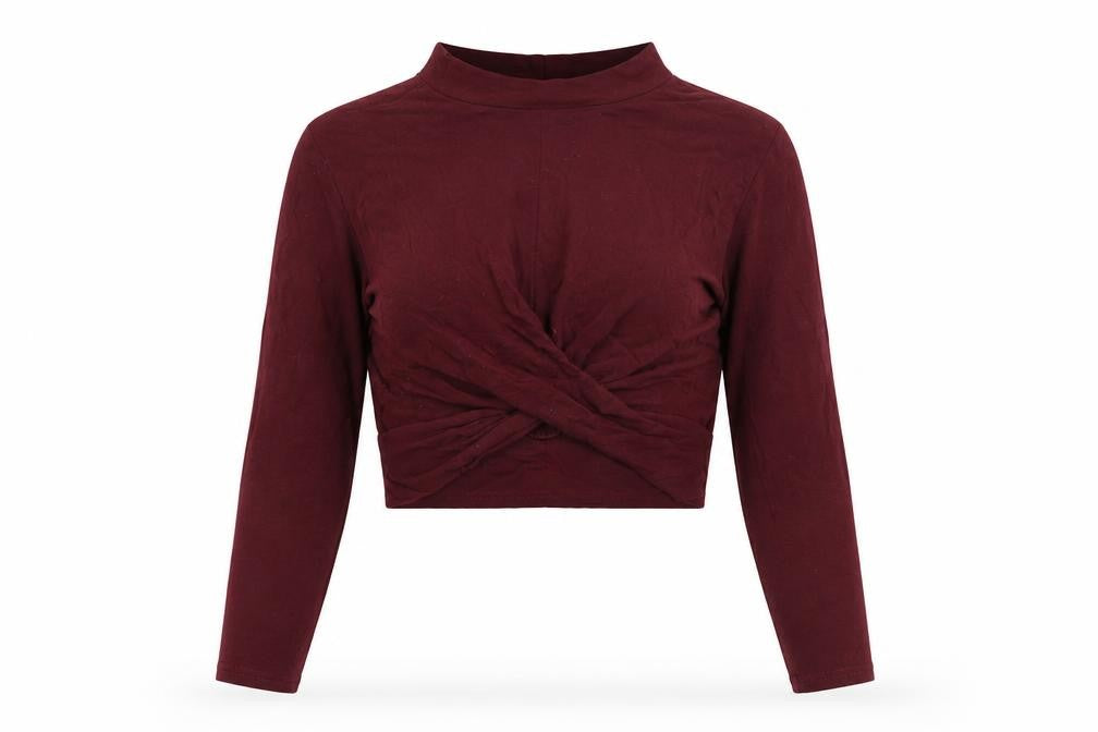 Front view of Topshop Women's Cropped Red Mock Neck Petite, size 12