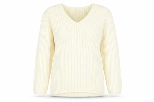 Front view of Straven Women’s Ivory Cotton V-Neck jumper