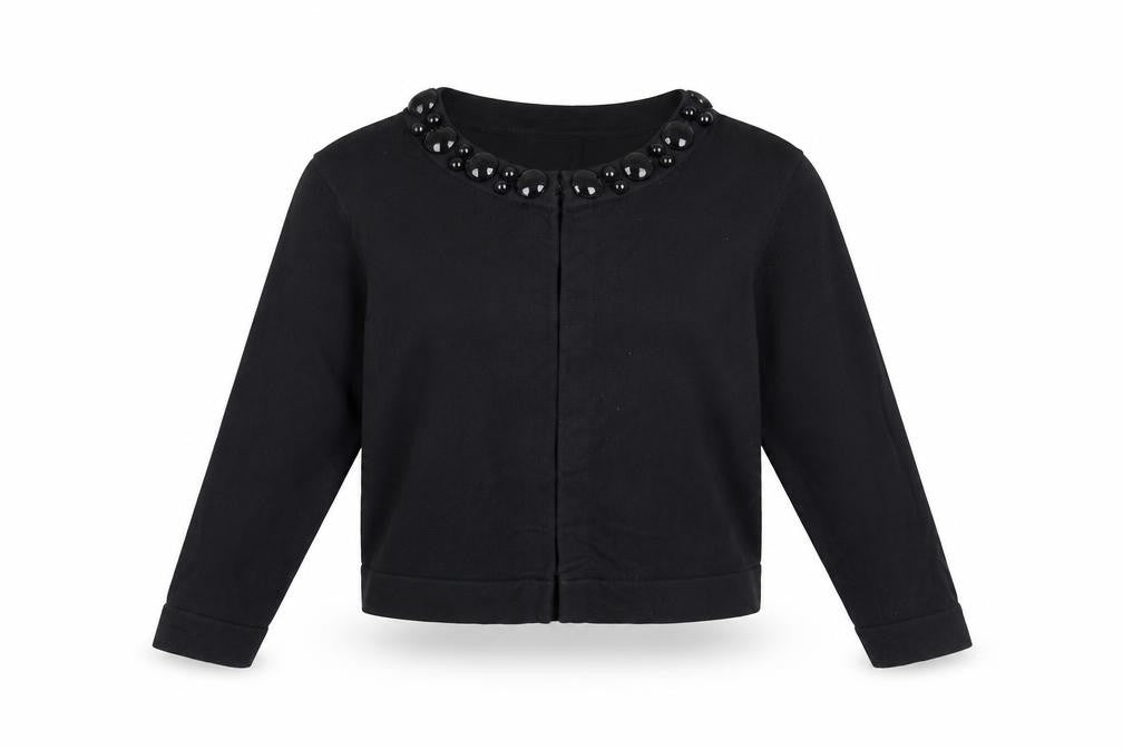 Front view of Pomodoro Women's Black 100% Cotton Cardigan, size 10