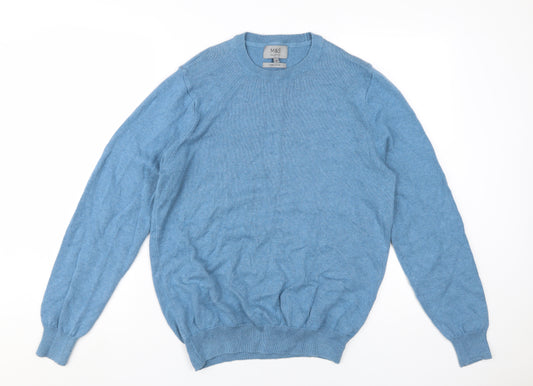 Marks and Spencer Men's Blue Cotton Pullover Jumper