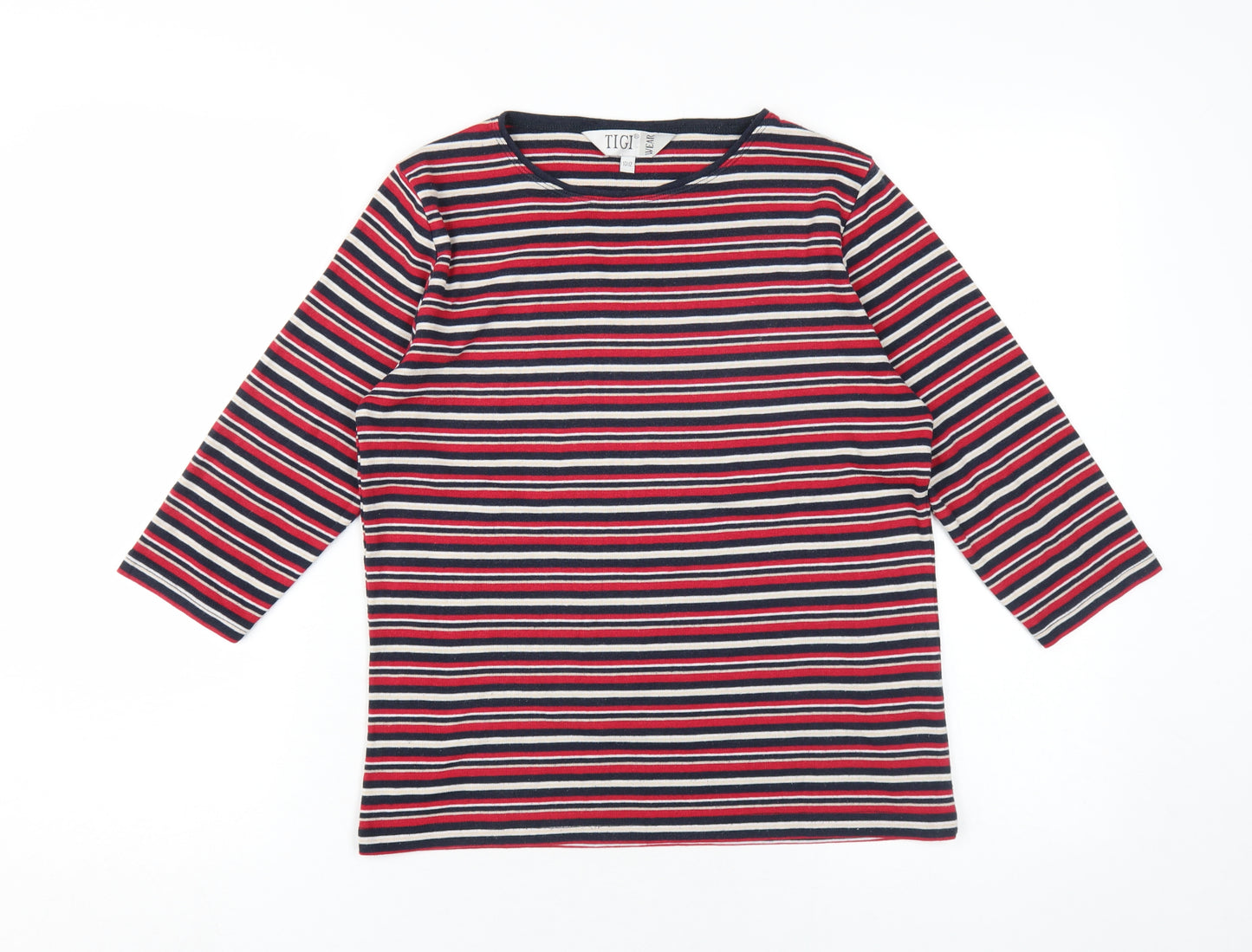 TIGI Women's Multicoloured Striped T-Shirt, M, Crew Neck