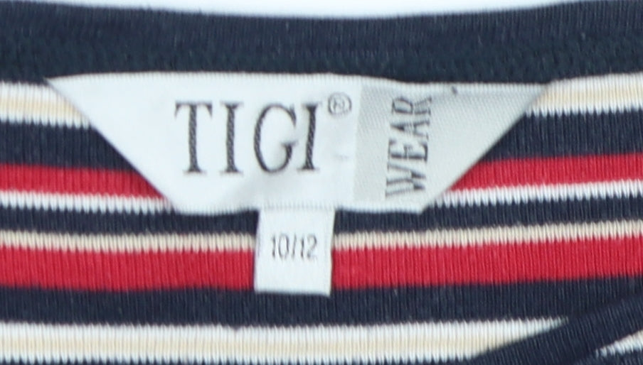 TIGI Women's Multicoloured Striped T-Shirt, M, Crew Neck