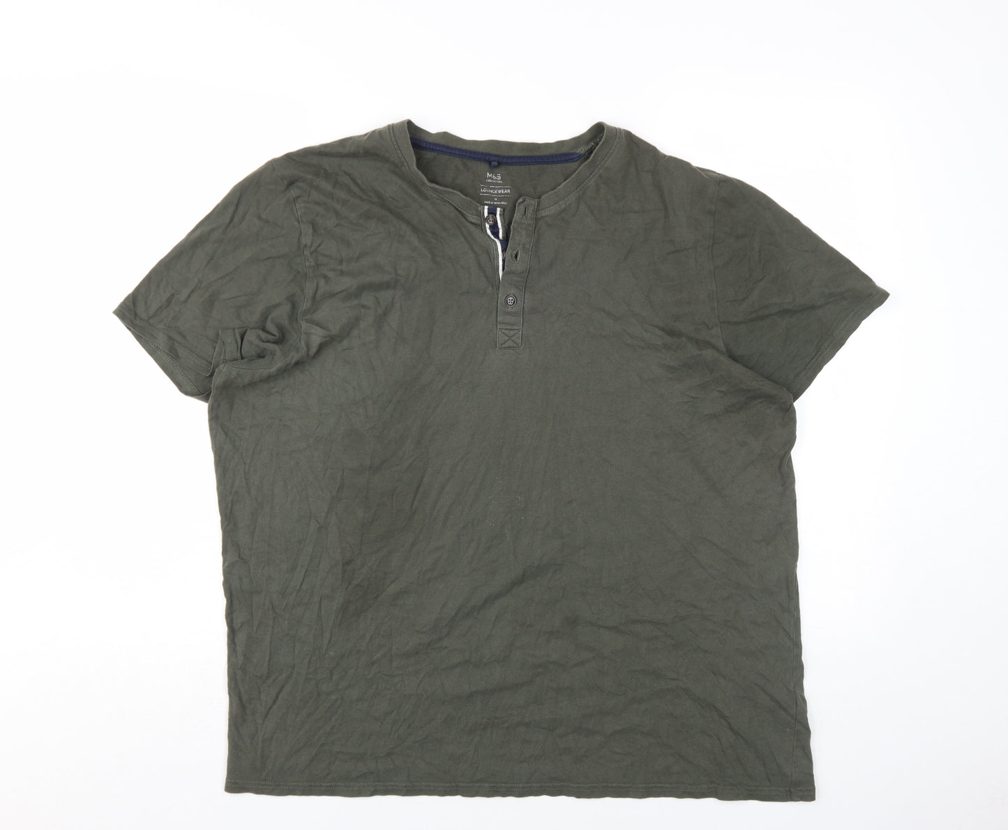 Marks and Spencer Men’s Green Henley T-Shirt, XL, Cotton
