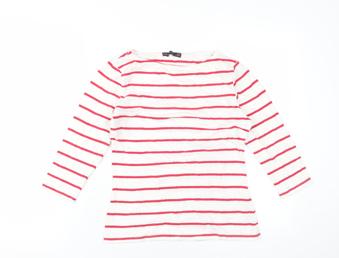 Marks and Spencer Women's White Striped T-Shirt Size 10