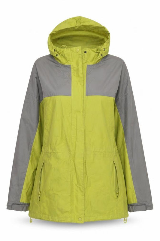 Front view of Being Casual Women's Green Grey Hooded Windbreaker Jacket, size 12