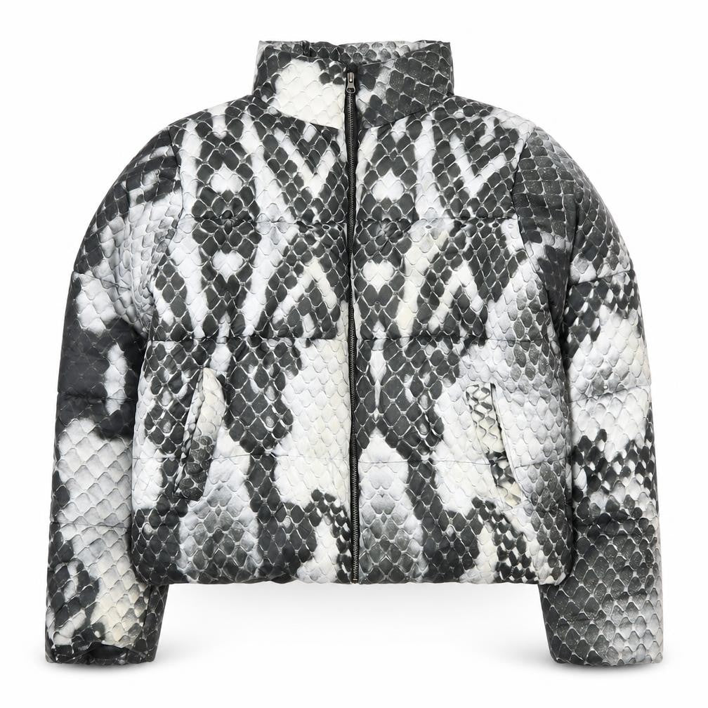 Front view of Lasula Women's Grey Animal Print Puffer Jacket L
