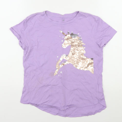GAP Girls Purple Unicorn Sequin T-Shirt 10-11 Years Cotton