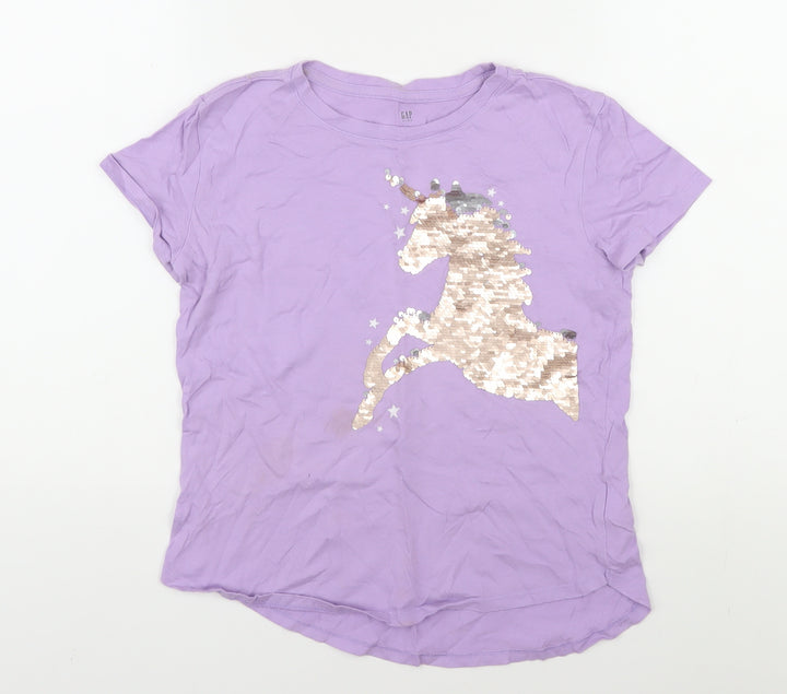 GAP Girls Purple Unicorn Sequin T-Shirt 10-11 Years Cotton